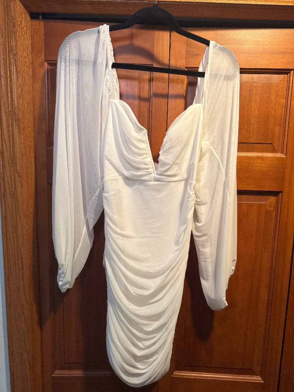 White Ruched Mesh Bodycon Mini Dress with Sheer Sleeves